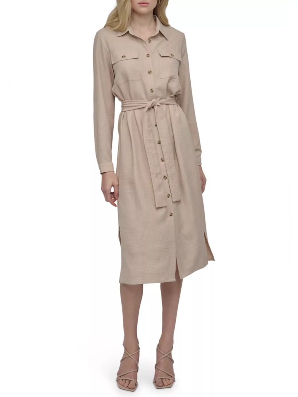 Tie-Waist Button-Front Shirt Dress - Beige